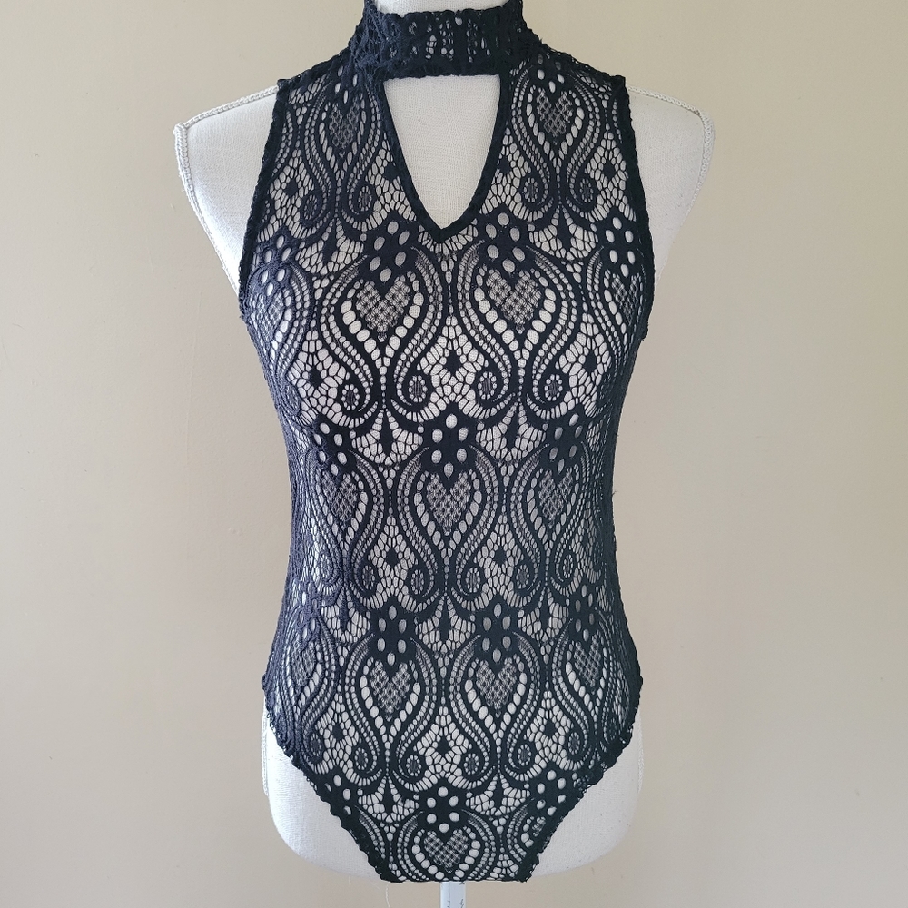 No comment black sheer lace bodysuit size small